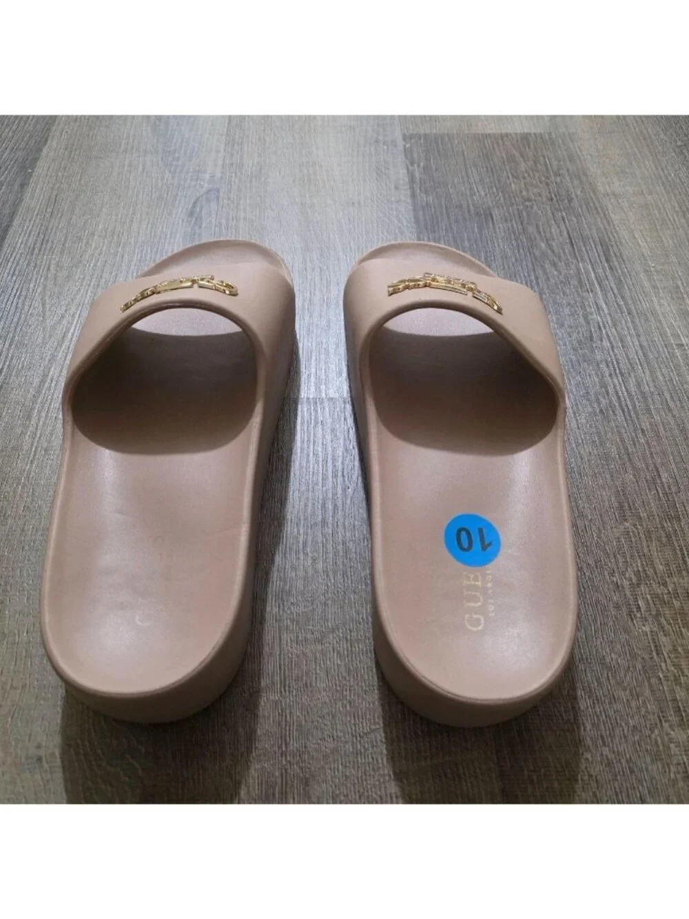 GUESS Women's Platform Slide Sandals Beige Nude Gold Logo Slip-On Casual Size 10